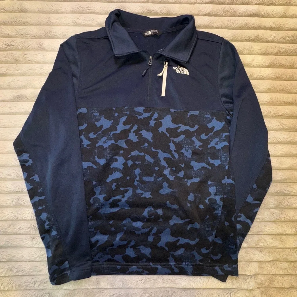 The North Face Jacket Mens S Blue Camo Canyonlands 1/4 QZip Pullover Soft fleece